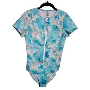 Calme Johnny Was Neoprene Swimsuit Front Zip Short Sleeve Tie Dye Blue Small NEW